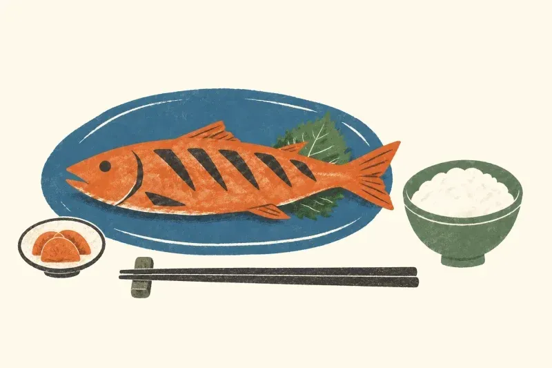 Illustration of grilled fish, rice, pickles, and chopsticks.