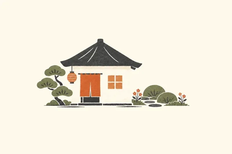 Illustration of a Japanese inn with a lantern and a small garden.